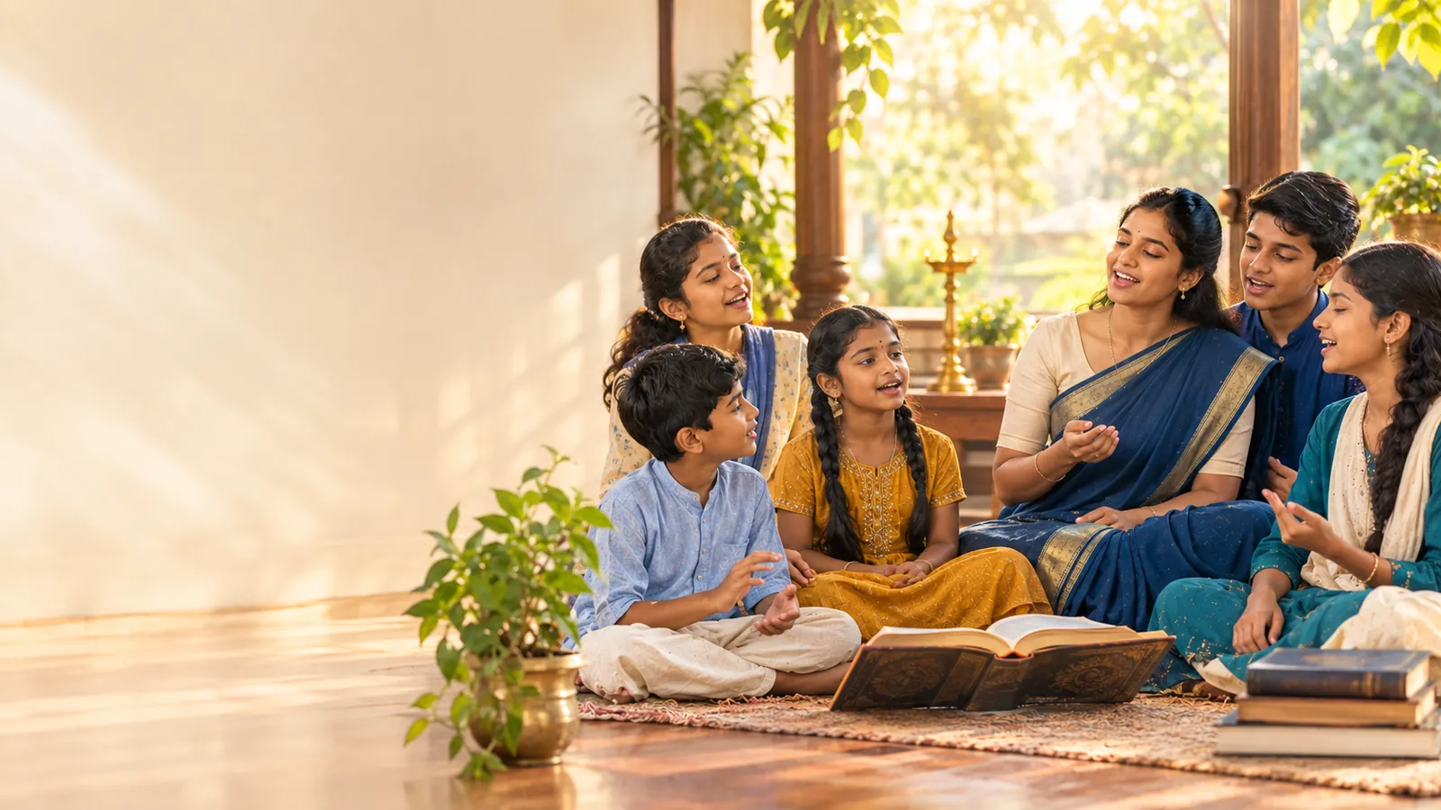 ஆசிரியருடன் சேர்ந்து மகிழ்ச்சியாகப் பாடும் குழந்தைகளும் இளைஞர்களும்